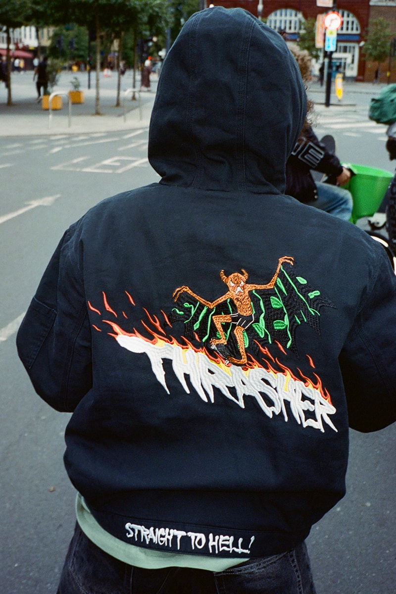 Supreme x Thrasher Fall 2024 Collaboration Work Jacket, Sweater, Hooded Sweatshirt, Crewneck, Sweatpant, three T-Shirts and two Beanies neck face johnny wilson neck face harold hunter skatewear skateboarding streetwear