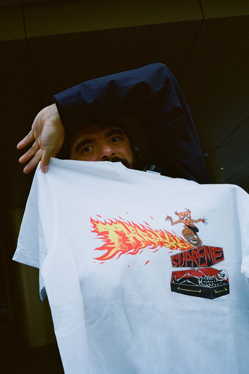 Supreme x Thrasher Fall 2024 Collaboration Work Jacket, Sweater, Hooded Sweatshirt, Crewneck, Sweatpant, three T-Shirts and two Beanies neck face johnny wilson neck face harold hunter skatewear skateboarding streetwear