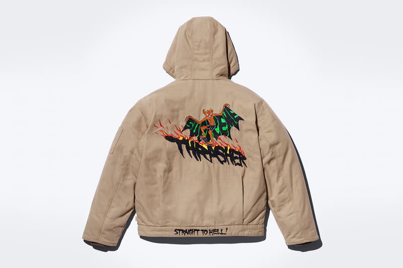 Supreme x Thrasher Fall 2024 Collaboration Work Jacket, Sweater, Hooded Sweatshirt, Crewneck, Sweatpant, three T-Shirts and two Beanies neck face johnny wilson neck face harold hunter skatewear skateboarding streetwear