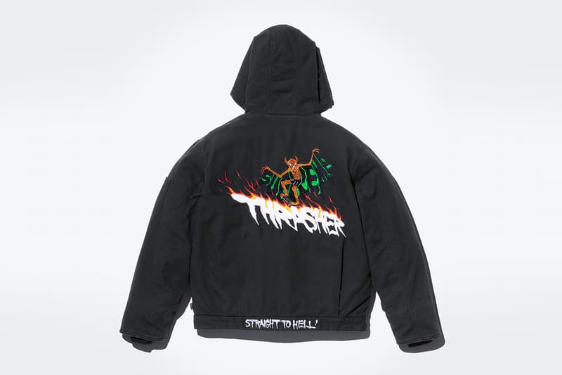 Supreme x Thrasher Fall 2024 Collaboration Work Jacket, Sweater, Hooded Sweatshirt, Crewneck, Sweatpant, three T-Shirts and two Beanies neck face johnny wilson neck face harold hunter skatewear skateboarding streetwear