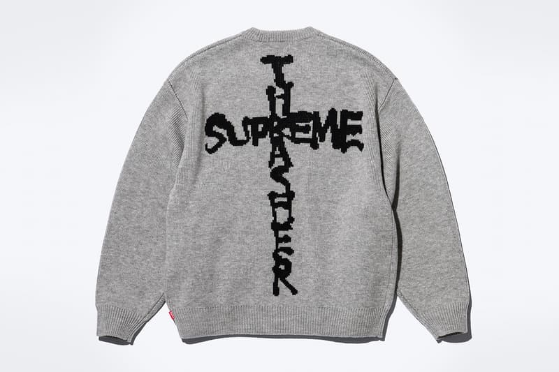 Supreme x Thrasher Fall 2024 Collaboration Work Jacket, Sweater, Hooded Sweatshirt, Crewneck, Sweatpant, three T-Shirts and two Beanies neck face johnny wilson neck face harold hunter skatewear skateboarding streetwear