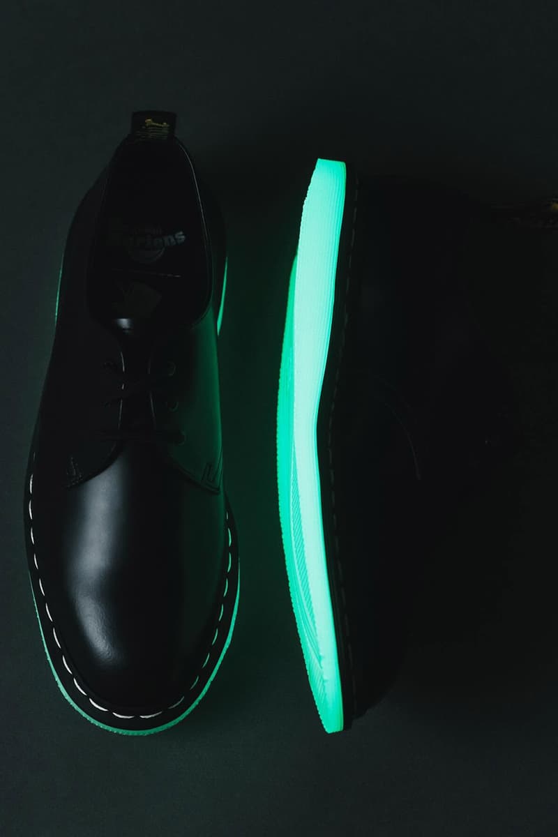 TRIPSTER x Dr. Martens' New Shoe Shines Light in the Darkness release info drop glow in the dark drop price leather shoe sole outsole leather oxford upper lace hole suit