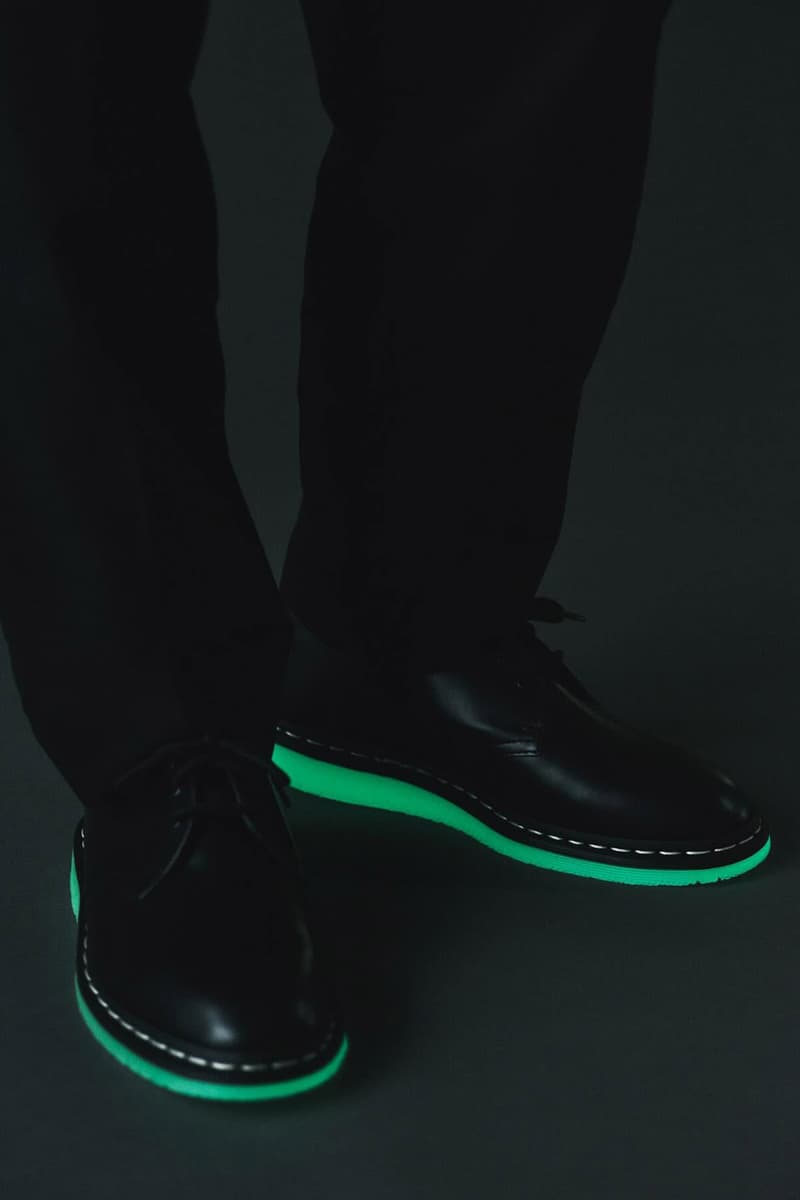 TRIPSTER x Dr. Martens' New Shoe Shines Light in the Darkness release info drop glow in the dark drop price leather shoe sole outsole leather oxford upper lace hole suit