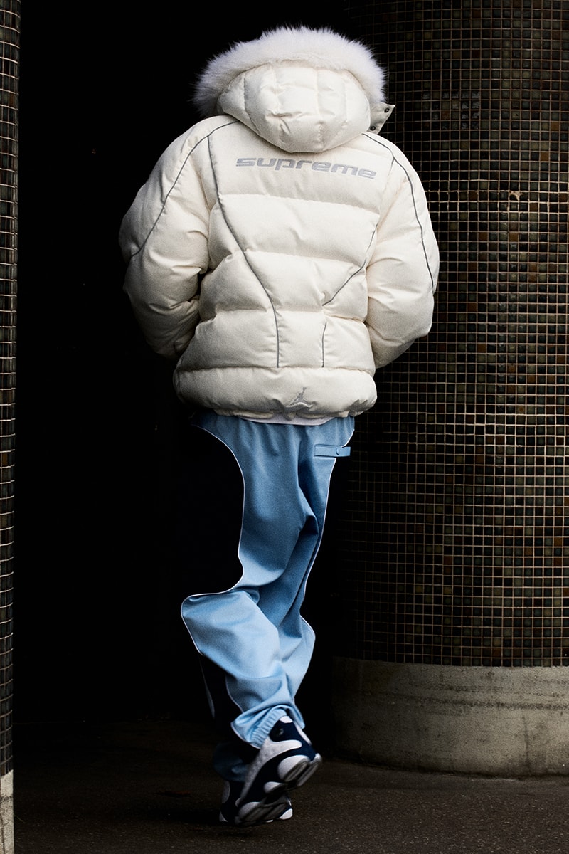 Supreme x Jordan Brand Fall 2024 Collaboration  puffer jacket track jacket hooded sweatshirt jerse short sleeve top track pants seatpantss shorts headbands socks bag and basketabll air jordan michael jordan basketball shorts retro 
