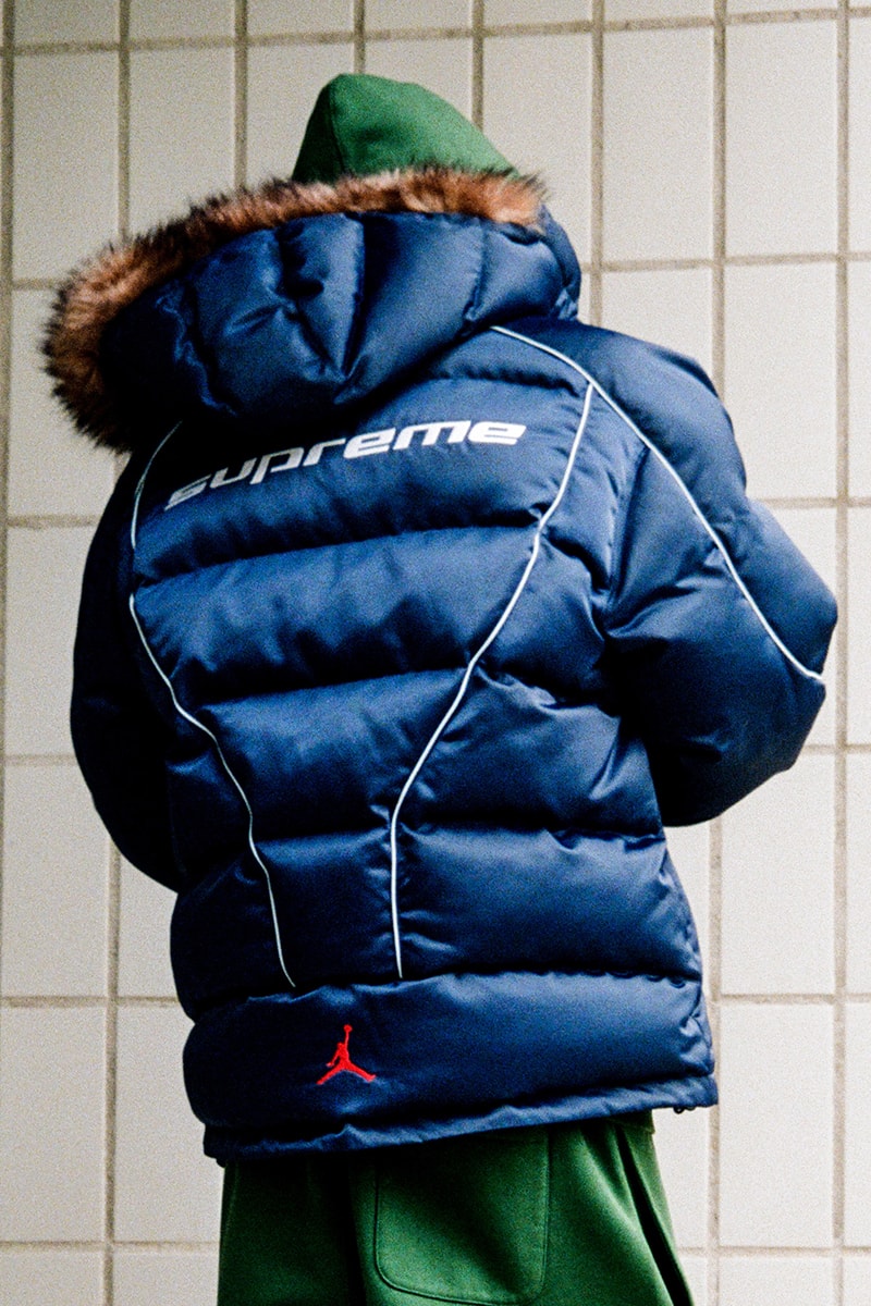 Supreme x Jordan Brand Fall 2024 Collaboration  puffer jacket track jacket hooded sweatshirt jerse short sleeve top track pants seatpantss shorts headbands socks bag and basketabll air jordan michael jordan basketball shorts retro 