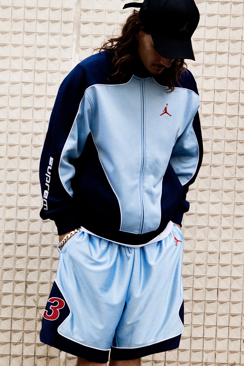 Supreme x Jordan Brand Fall 2024 Collaboration puffer jacket track jacket hooded sweatshirt jerse short sleeve top track pants seatpantss shorts headbands socks bag and basketabll air jordan michael jordan basketball shorts retro