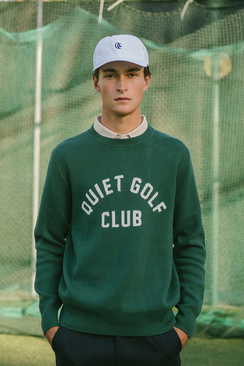 quiet golf fall winter 24 collection price info lookbook pictures sweater chino pants polo t shirt long sleeve quarter zip navy green white brown