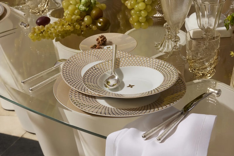 Louis Vuitton Unveils First Permanent Tableware Collection dinnerware cutlery and glassware, at a gala fundraiser at Château de Vaux-le-Vicomte lvmh constellation splendor rivet epi murano glasses