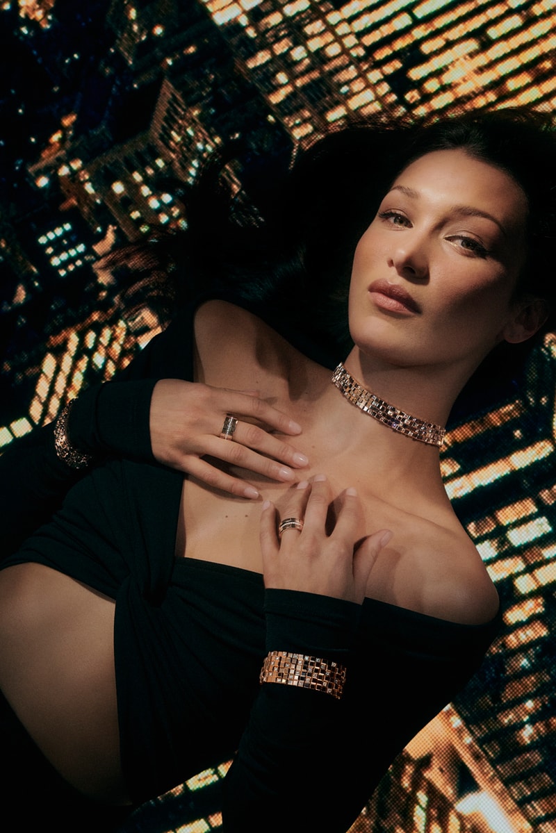 chopard ice cube jewelry sculpted by light campaign bella hadid rose gold triple stacked minimalism diamonds chocker bracelet 