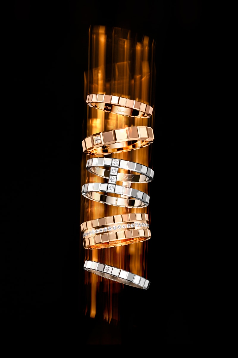 chopard ice cube jewelry sculpted by light campaign bella hadid rose gold triple stacked minimalism diamonds chocker bracelet 