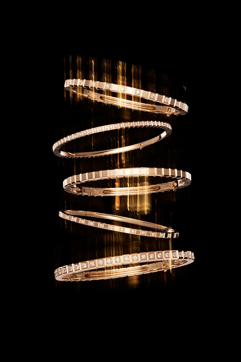 chopard ice cube jewelry sculpted by light campaign bella hadid rose gold triple stacked minimalism diamonds chocker bracelet 