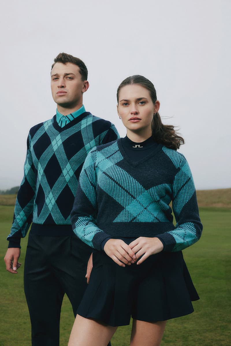 j lindeberg glenmuir collaboration collection scotland sweden golf sweater polo knitwear tartan cardigan pants vest hoodie blue black