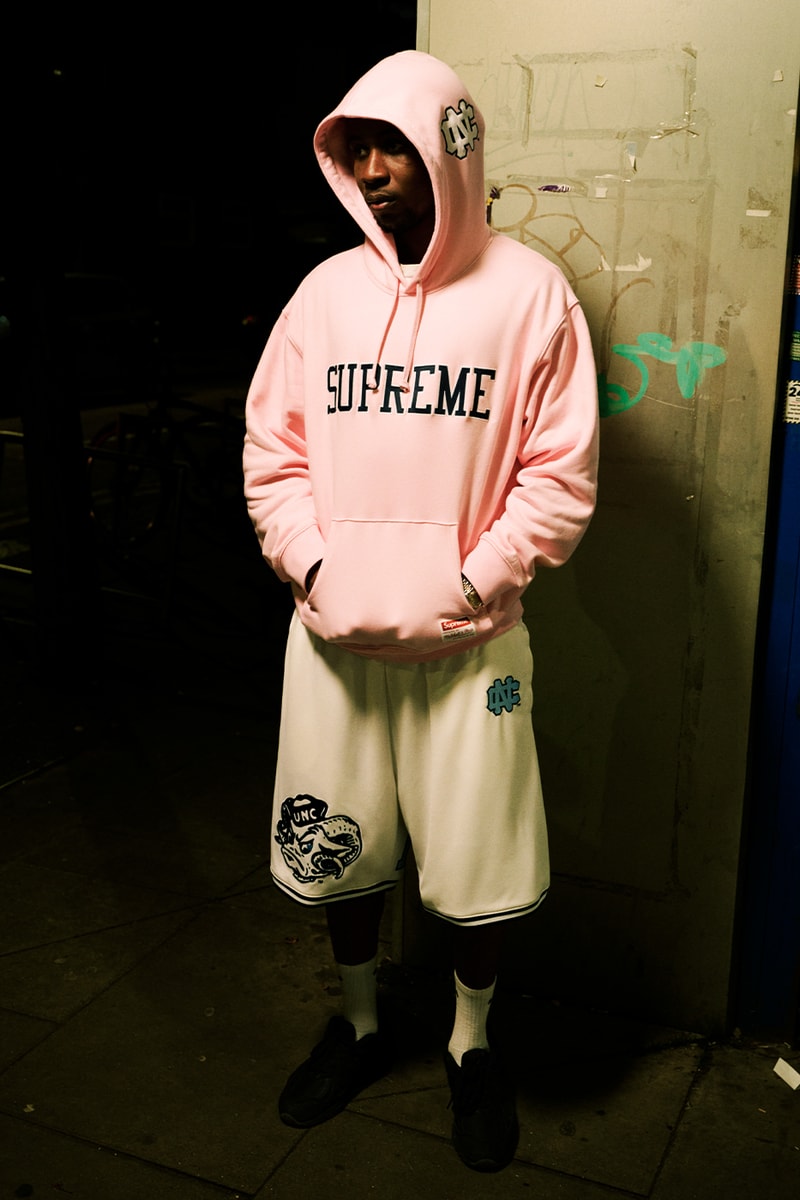 Supreme x Mitchell & Ness NCAA Collaboration Georgetown Hoyas, Miami Hurricanes, North Carolina Tar Heels and Syracuse Orange jacket hockey jersey hooded sweatshirt short beanie