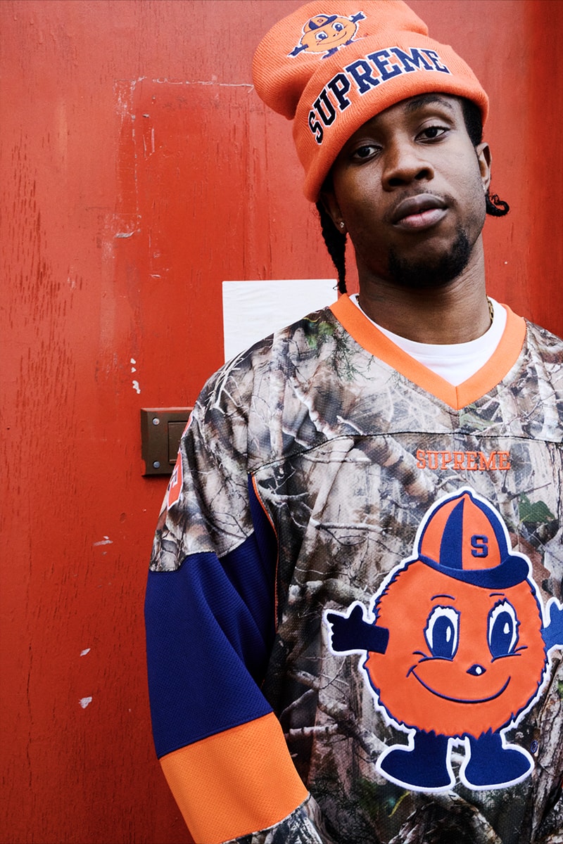 Supreme x Mitchell & Ness NCAA Collaboration Georgetown Hoyas, Miami Hurricanes, North Carolina Tar Heels and Syracuse Orange jacket hockey jersey hooded sweatshirt short beanie
