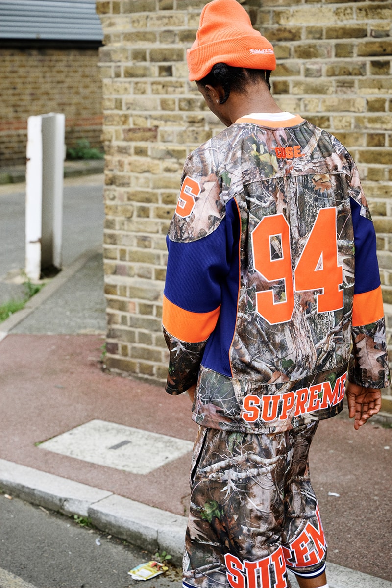 Supreme x Mitchell & Ness NCAA Collaboration Georgetown Hoyas, Miami Hurricanes, North Carolina Tar Heels and Syracuse Orange jacket hockey jersey hooded sweatshirt short beanie