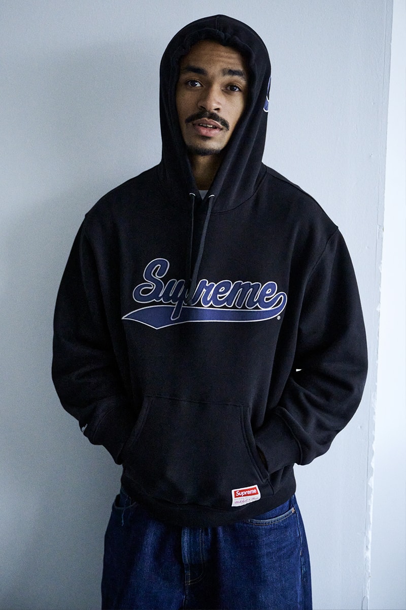 Supreme x Mitchell & Ness NCAA Collaboration Georgetown Hoyas, Miami Hurricanes, North Carolina Tar Heels and Syracuse Orange jacket hockey jersey hooded sweatshirt short beanie