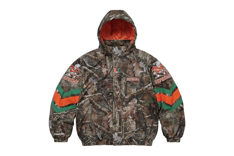 Supreme x Mitchell & Ness NCAA Collaboration Georgetown Hoyas, Miami Hurricanes, North Carolina Tar Heels and Syracuse Orange jacket hockey jersey hooded sweatshirt short beanie