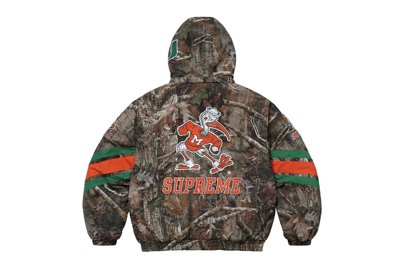 Supreme x Mitchell & Ness NCAA Collaboration Georgetown Hoyas, Miami Hurricanes, North Carolina Tar Heels and Syracuse Orange jacket hockey jersey hooded sweatshirt short beanie