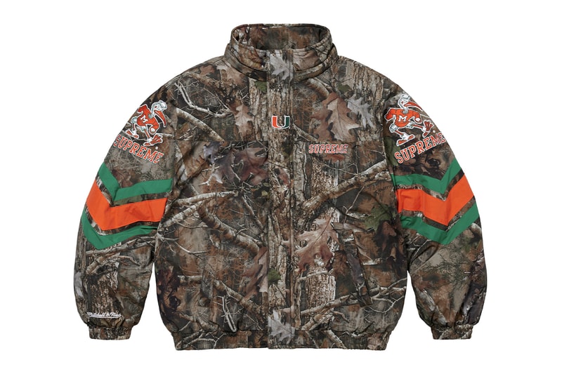 Supreme x Mitchell & Ness NCAA Collaboration Georgetown Hoyas, Miami Hurricanes, North Carolina Tar Heels and Syracuse Orange jacket hockey jersey hooded sweatshirt short beanie