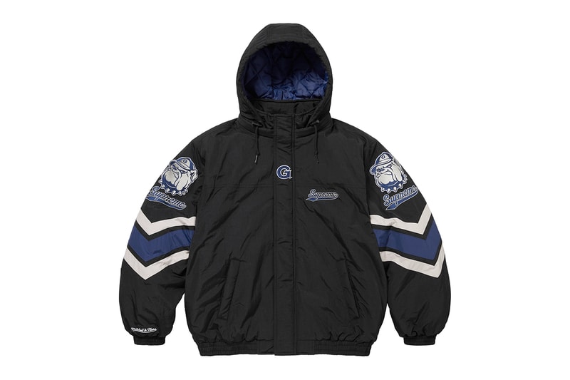 Supreme x Mitchell & Ness NCAA Collaboration Georgetown Hoyas, Miami Hurricanes, North Carolina Tar Heels and Syracuse Orange jacket hockey jersey hooded sweatshirt short beanie