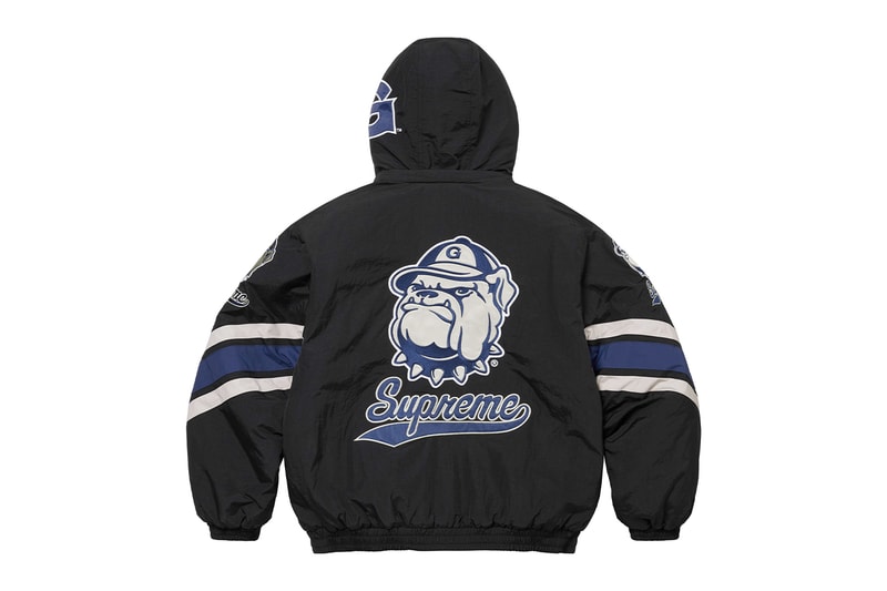 Supreme x Mitchell & Ness NCAA Collaboration Georgetown Hoyas, Miami Hurricanes, North Carolina Tar Heels and Syracuse Orange jacket hockey jersey hooded sweatshirt short beanie