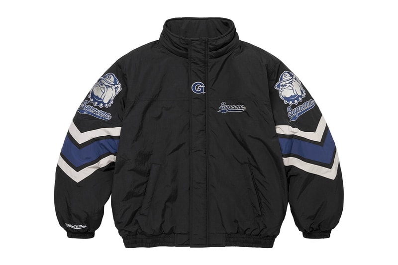 Supreme x Mitchell & Ness NCAA Collaboration Georgetown Hoyas, Miami Hurricanes, North Carolina Tar Heels and Syracuse Orange jacket hockey jersey hooded sweatshirt short beanie
