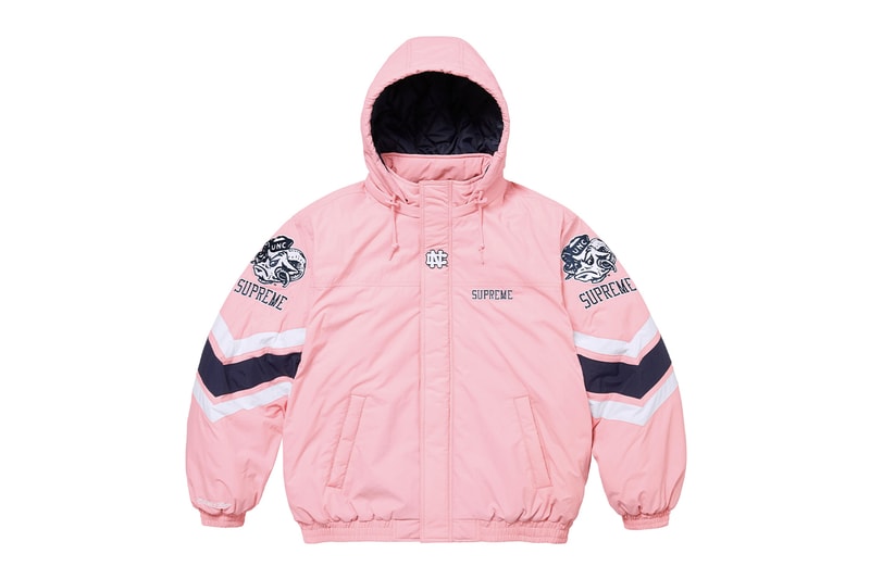 Supreme x Mitchell & Ness NCAA Collaboration Georgetown Hoyas, Miami Hurricanes, North Carolina Tar Heels and Syracuse Orange jacket hockey jersey hooded sweatshirt short beanie