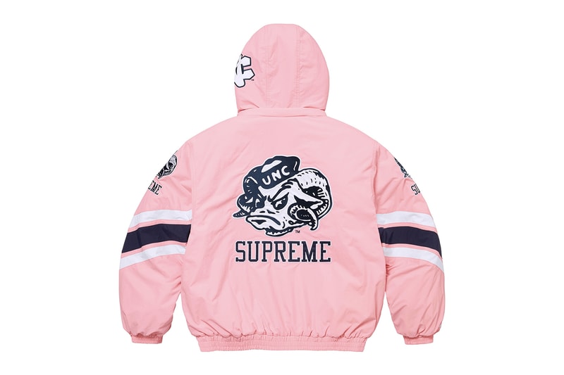 Supreme x Mitchell & Ness NCAA Collaboration Georgetown Hoyas, Miami Hurricanes, North Carolina Tar Heels and Syracuse Orange jacket hockey jersey hooded sweatshirt short beanie
