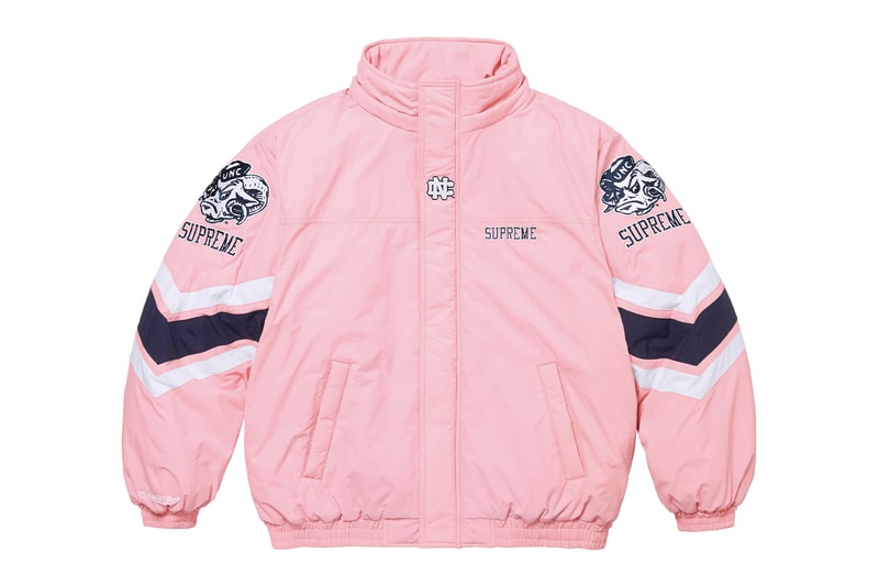 Supreme x Mitchell & Ness NCAA Collaboration Georgetown Hoyas, Miami Hurricanes, North Carolina Tar Heels and Syracuse Orange jacket hockey jersey hooded sweatshirt short beanie