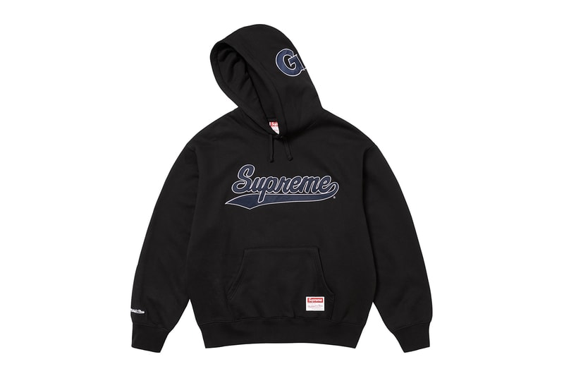 Supreme x Mitchell & Ness NCAA Collaboration Georgetown Hoyas, Miami Hurricanes, North Carolina Tar Heels and Syracuse Orange jacket hockey jersey hooded sweatshirt short beanie