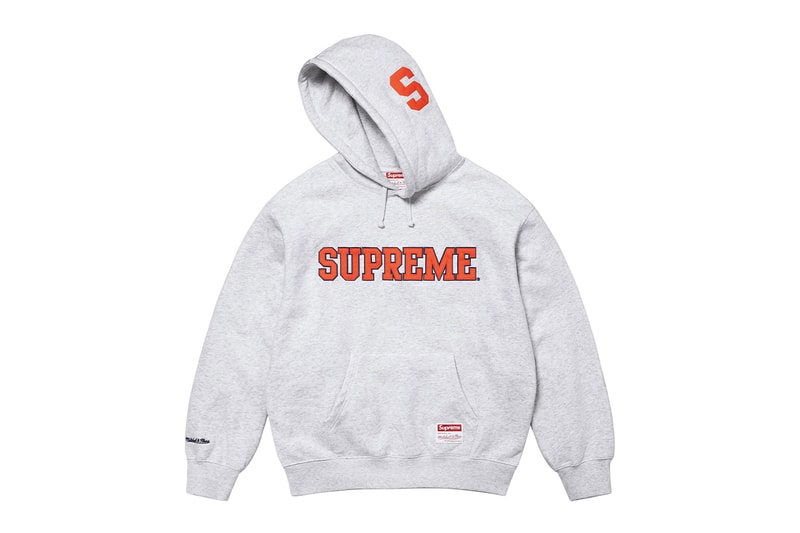 Supreme x Mitchell & Ness NCAA Collaboration Georgetown Hoyas, Miami Hurricanes, North Carolina Tar Heels and Syracuse Orange jacket hockey jersey hooded sweatshirt short beanie