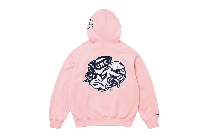 Supreme x Mitchell & Ness NCAA Collaboration Georgetown Hoyas, Miami Hurricanes, North Carolina Tar Heels and Syracuse Orange jacket hockey jersey hooded sweatshirt short beanie
