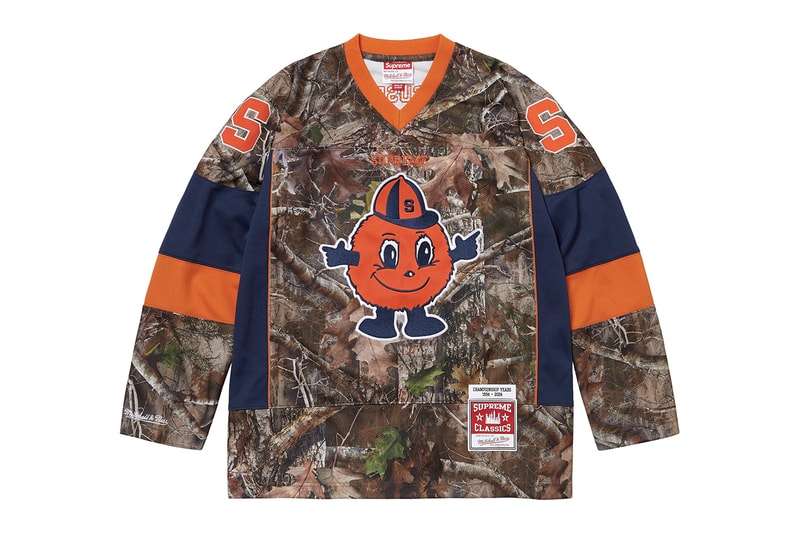 Supreme x Mitchell & Ness NCAA Collaboration Georgetown Hoyas, Miami Hurricanes, North Carolina Tar Heels and Syracuse Orange jacket hockey jersey hooded sweatshirt short beanie