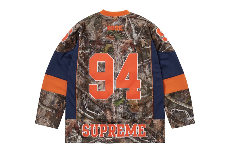 Supreme x Mitchell & Ness NCAA Collaboration Georgetown Hoyas, Miami Hurricanes, North Carolina Tar Heels and Syracuse Orange jacket hockey jersey hooded sweatshirt short beanie