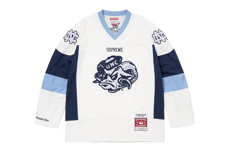 Supreme x Mitchell & Ness NCAA Collaboration Georgetown Hoyas, Miami Hurricanes, North Carolina Tar Heels and Syracuse Orange jacket hockey jersey hooded sweatshirt short beanie