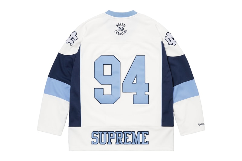 Supreme x Mitchell & Ness NCAA Collaboration Georgetown Hoyas, Miami Hurricanes, North Carolina Tar Heels and Syracuse Orange jacket hockey jersey hooded sweatshirt short beanie