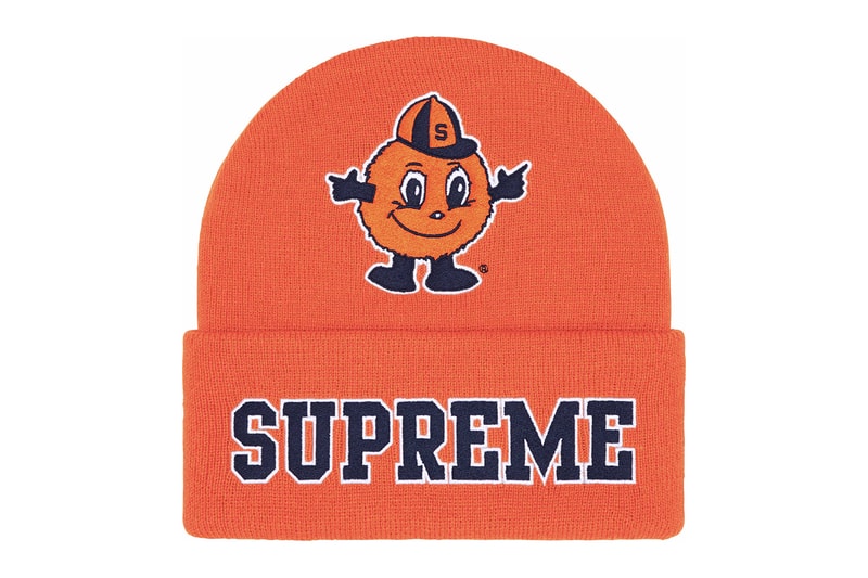 Supreme x Mitchell & Ness NCAA Collaboration Georgetown Hoyas, Miami Hurricanes, North Carolina Tar Heels and Syracuse Orange jacket hockey jersey hooded sweatshirt short beanie