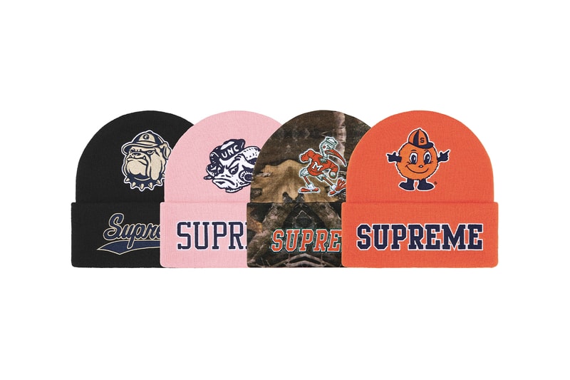 Supreme x Mitchell & Ness NCAA Collaboration Georgetown Hoyas, Miami Hurricanes, North Carolina Tar Heels and Syracuse Orange jacket hockey jersey hooded sweatshirt short beanie