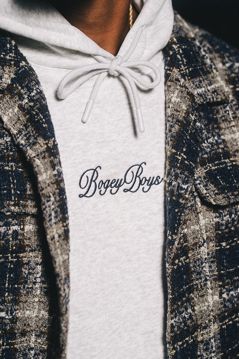 bogey boys holiday 2024 golf collection macklemore polo jacket cardigan sweater hat pants t shirt towel hoodie pattern green navy blue brown white
