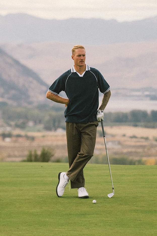 bogey boys holiday 2024 golf collection macklemore polo jacket cardigan sweater hat pants t shirt towel hoodie pattern green navy blue brown white