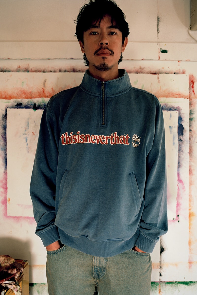 Timberland x thisisneverthat Heritage Moc Toe GTX Mid "Desert"  TNT Heritage Quarter Zip Sweatshirt blue grey Collaboration Drop 2 Info