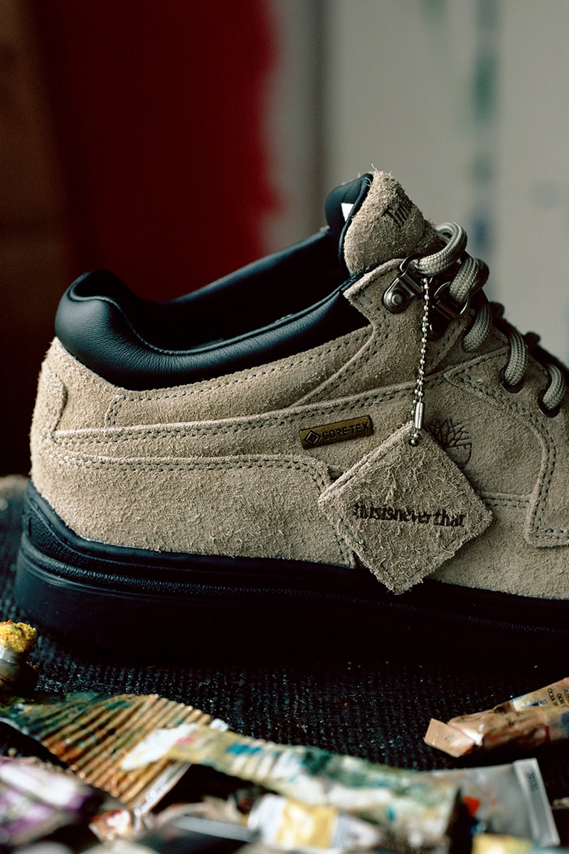 Timberland x thisisneverthat Heritage Moc Toe GTX Mid "Desert"  TNT Heritage Quarter Zip Sweatshirt blue grey Collaboration Drop 2 Info