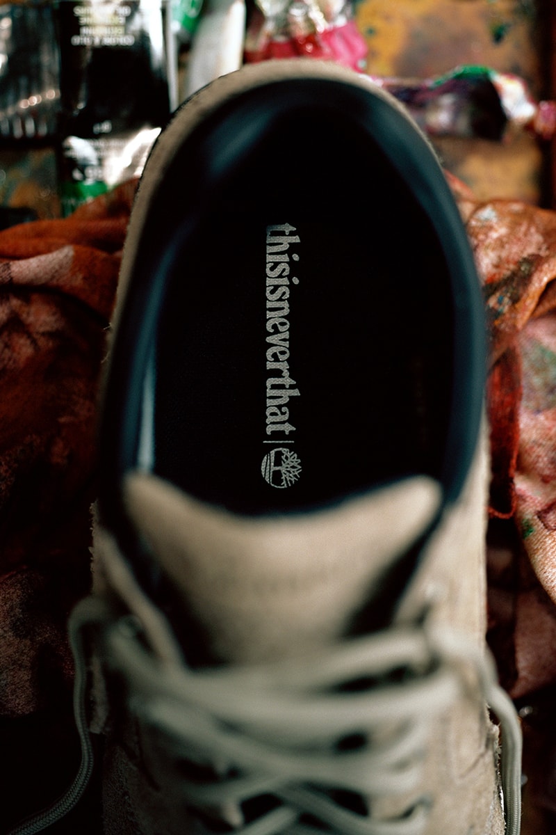 Timberland x thisisneverthat Heritage Moc Toe GTX Mid "Desert"  TNT Heritage Quarter Zip Sweatshirt blue grey Collaboration Drop 2 Info