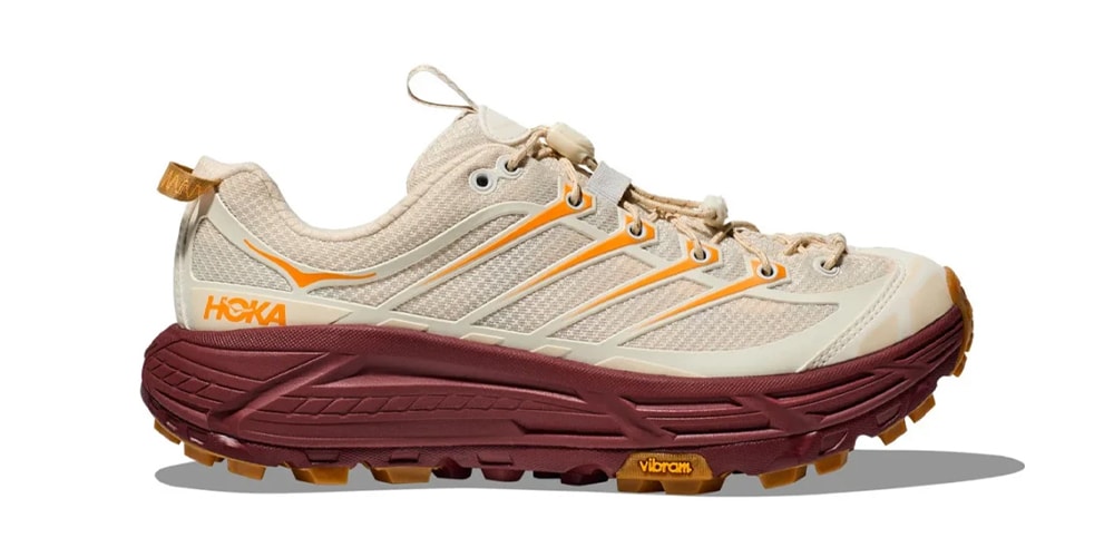 The HOKA Mafate THREE2 Surfaces in “Vanilla/Varsity Burgundy”