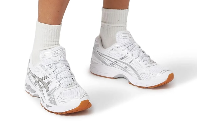 First Look at the A.P.C. x ASICS GEL-KAYANO 14 "White" tiger stripes gel pods sneakers collaboration 1203A727-100