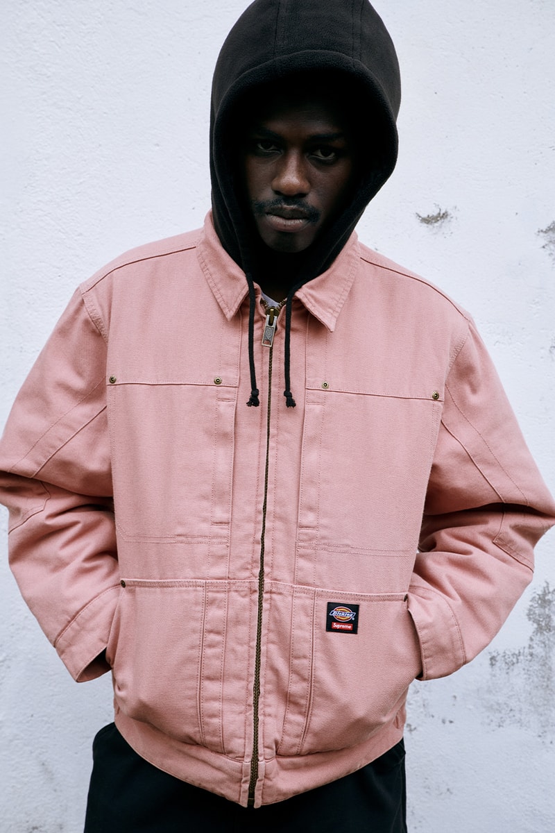 Supreme x Dickies Fall 2024 Collaboration Hooded Leather Work Jacket, Hooded Work Jacket, L/S Polo, L/S Top, Hooded Sweatshirt, Flannel Lined Overall and Flannel Lined Cargo Pant