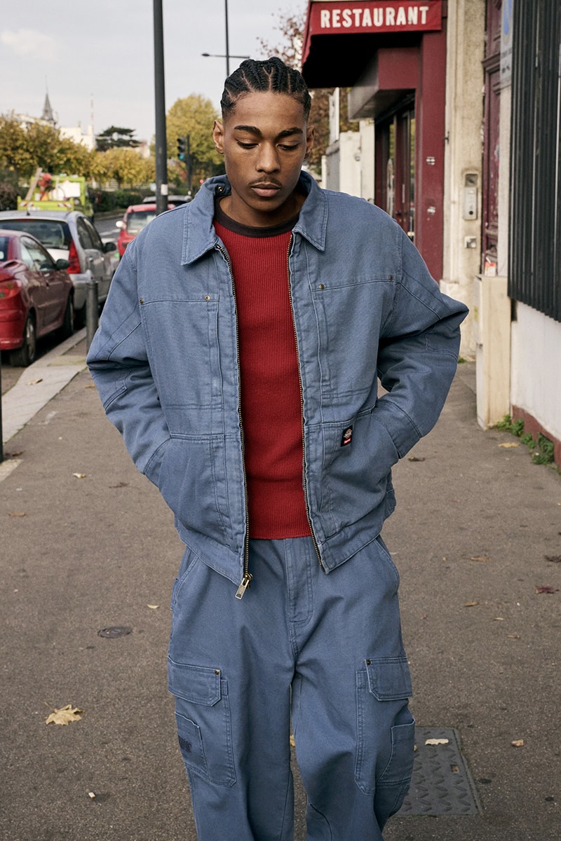 Supreme x Dickies Fall 2024 Collaboration Hooded Leather Work Jacket, Hooded Work Jacket, L/S Polo, L/S Top, Hooded Sweatshirt, Flannel Lined Overall and Flannel Lined Cargo Pant