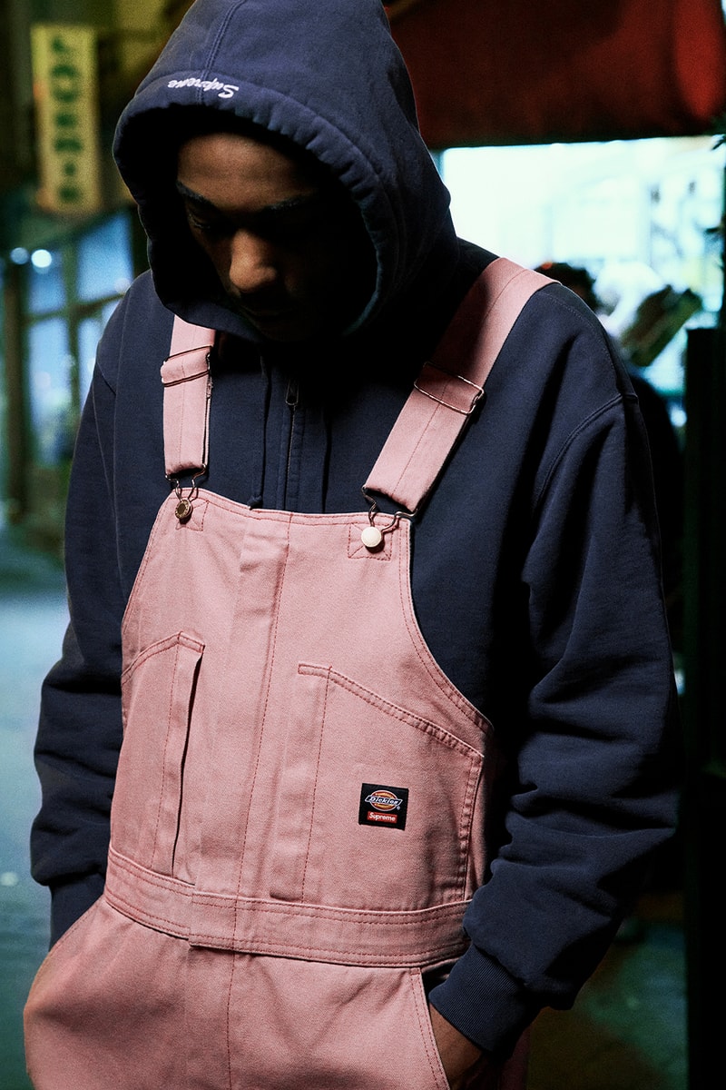 Supreme x Dickies Fall 2024 Collaboration Hooded Leather Work Jacket, Hooded Work Jacket, L/S Polo, L/S Top, Hooded Sweatshirt, Flannel Lined Overall and Flannel Lined Cargo Pant