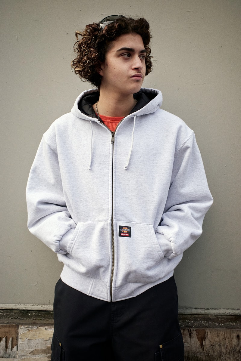 Supreme x Dickies Fall 2024 Collaboration Hooded Leather Work Jacket, Hooded Work Jacket, L/S Polo, L/S Top, Hooded Sweatshirt, Flannel Lined Overall and Flannel Lined Cargo Pant