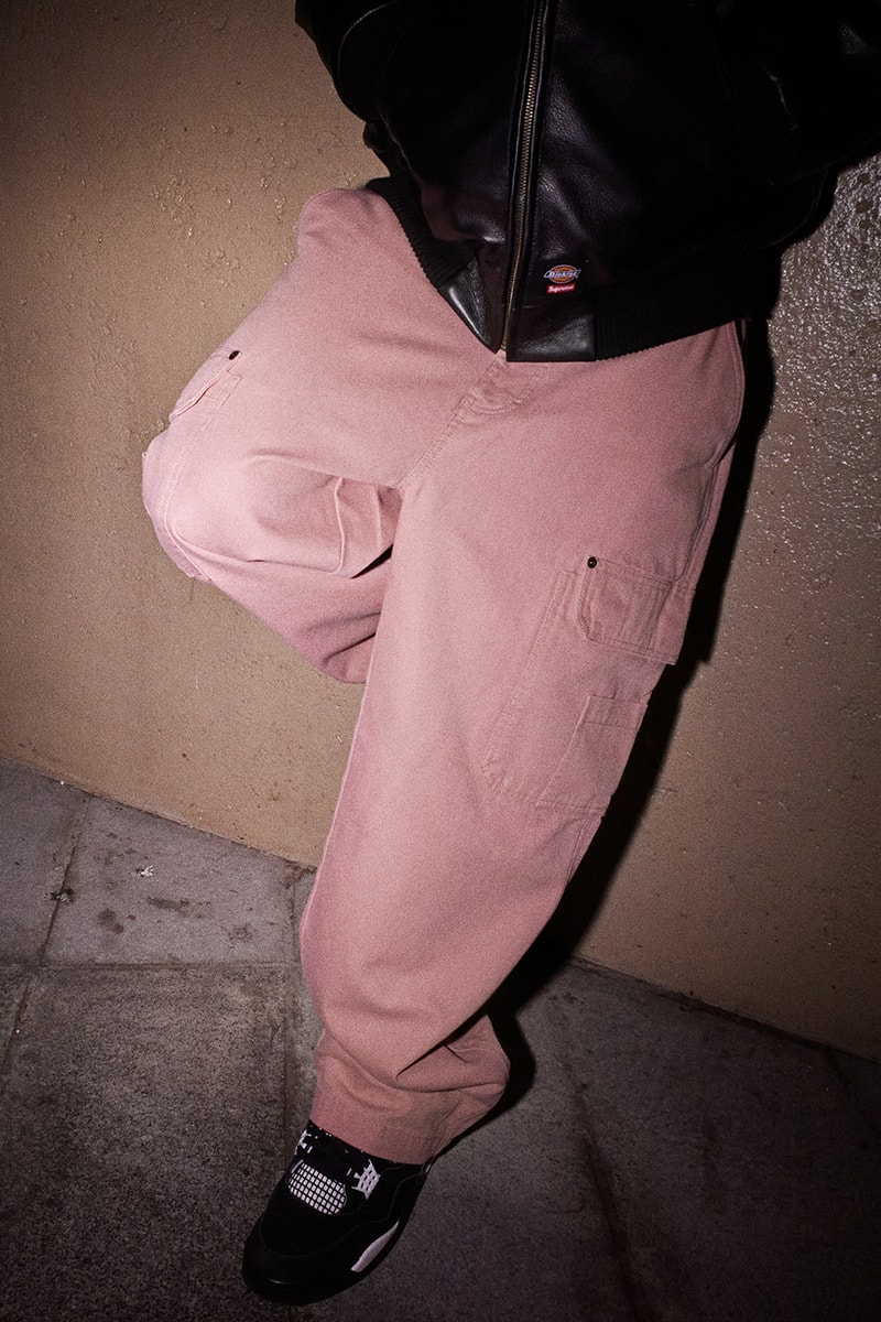 Supreme x Dickies Fall 2024 Collaboration Hooded Leather Work Jacket, Hooded Work Jacket, L/S Polo, L/S Top, Hooded Sweatshirt, Flannel Lined Overall and Flannel Lined Cargo Pant